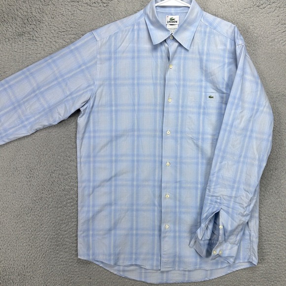 Lacoste Adult Mens Button Up Shirt 40 US Large Blue Plaid Long Sleeve Pocket
